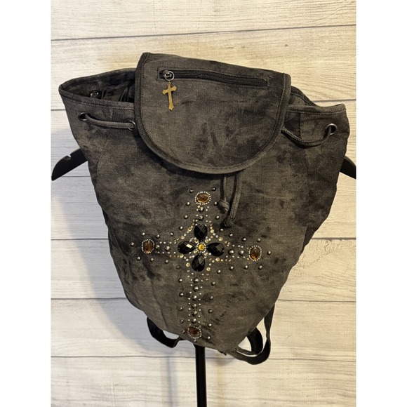 Claire's Boho Rhinestone Cross Backpack Distressed Gray 15" - Picture 3 of 6